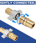 Heavy-duty hydraulic quick disconnect set showcasing tightly connected brass coupler with arrows indicating secure fitting.