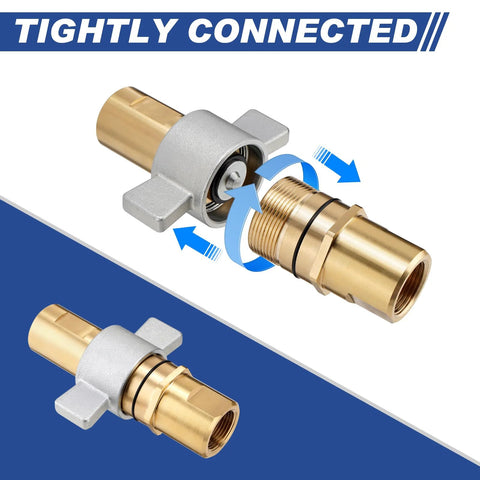 Heavy-duty hydraulic quick disconnect set showcasing tightly connected brass coupler with arrows indicating secure fitting.