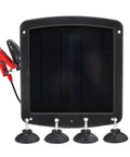 Five Watt Solar Panel 12V Battery Charger With Charge Controller IP67 Weatherproof, windshield mount, suction cups, output cord