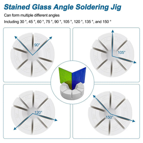 Stained Glass Multi Angle Jig showing various angle settings for soldering; designed for Rock Solid Glass Multi Angle Jig For Stained Glass Art Projects.
