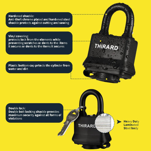 4 Pack Heavy Duty Weatherproof Padlocks With Keys 40mm Laminated Steel Body And Hardened Shackle Keyed Alike On Yellow Background
