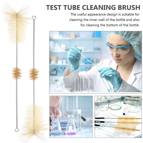 4 Piece Lab Flask Brush Set For 250ml Volumetric Flasks, Glass Tubes And Beakers Cleaning Brushes on a lab table with a scientist.