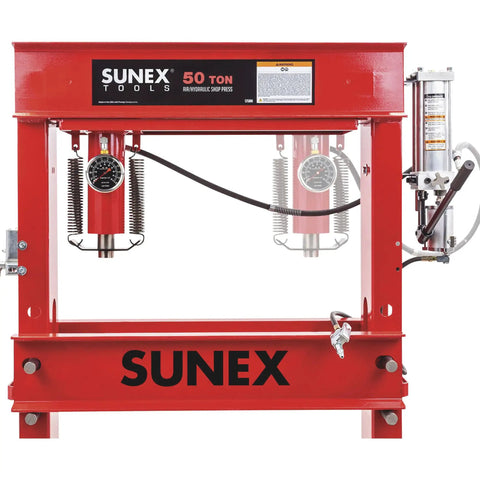 Heavy Duty 50 Ton Air Hydraulic Shop Press With Auto Pump Motor And Sliding Offset Head for bending and straightening in workshops.