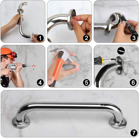 Stainless Steel Shower Grab Bar 2 Pack 24 Inch Bath Grab Handles with installation steps and corrosion resistant 304 stainless steel