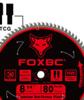 Close-up of an Eight And A Quarter Inch Tungsten Carbide Metal Cutting Table Saw Blade With Eighty Tooth TCG For Aluminum Copper Plastic