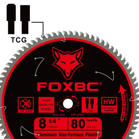 Close-up of an Eight And A Quarter Inch Tungsten Carbide Metal Cutting Table Saw Blade With Eighty Tooth TCG For Aluminum Copper Plastic