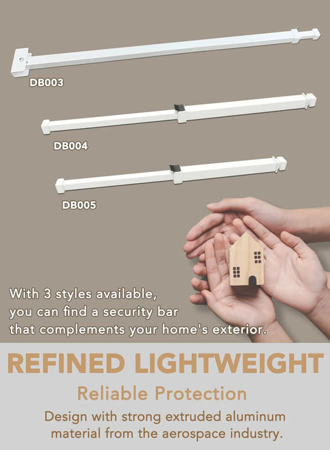 Sliding Glass Door Security Bar Adjustable From 25.75 To 47.5 Inches Keeps Kids Safe And Stays Put Easy Install Rustproof Metal Gate Stopper Fits Most Sliding Doors Space Saving Door Lock Bar For Home And Windows with three models DB003, DB004, DB005 displayed above hands holding small house.