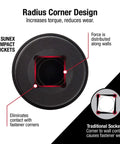 Radius Corner design of Three Quarters Inch Drive Universal Impact Joint in CrMo Steel with chart illustration.