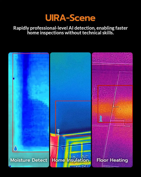Dual-Lens WiFi Heat Cam With AI Upscale To 640x480 UIRA-IR 2MP Visual Sensor Five Modes Visual Thermal Fusion PIP Blending 25 Hz Frame Rate For Smooth Footage And Hidden Detail Detection showing moisture, insulation, and floor heating