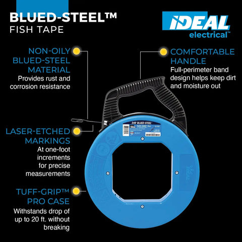 Pro Grade Blued Steel Fish Tape, 240 Feet Long, One Eighth Inch, 1600 Lb Tensile Strength with Tuff Grip Pro Case
