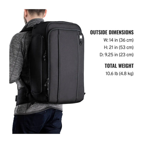 Carry-On Roadie Backpack 22 for DSLR and mirrorless cameras, lenses, and 17-inch laptop in black worn by person, side view