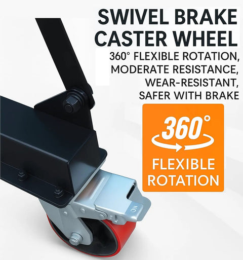 Swivel brake caster wheel with 360-degree rotation and brake, shown in close-up, part of adjustable gantry crane 2-ton portable hoist frame.
