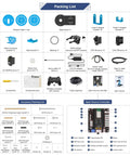 Packing list for Awesome 6DOF Robotic Arm Kit with all components including servo motors, gripper, cables, and controller board.