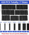 Pro Grade Heat Shrink Tubing Kit With 7 Sizes And 420 Pcs, 3 To 1 Shrink Ratio, black tubes displayed in different sizes