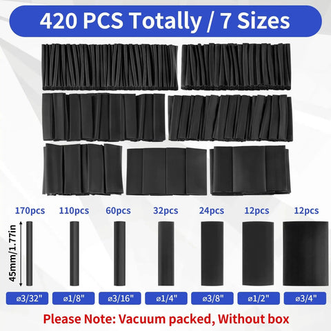 Pro Grade Heat Shrink Tubing Kit With 7 Sizes And 420 Pcs, 3 To 1 Shrink Ratio, black tubes displayed in different sizes