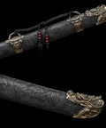 Longque Bao Dao Dragon Head Chinese Sword Real Manganese Steel Full Tang Broadsword sheath with dragon engravings.