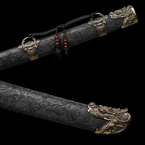 Longque Bao Dao Dragon Head Chinese Sword Real Manganese Steel Full Tang Broadsword sheath with dragon engravings.