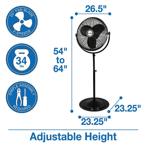 9420 20 Inch Industrial Grade Pedestal Fan dimensions and features for heavy duty air circulation in workshops and garages.