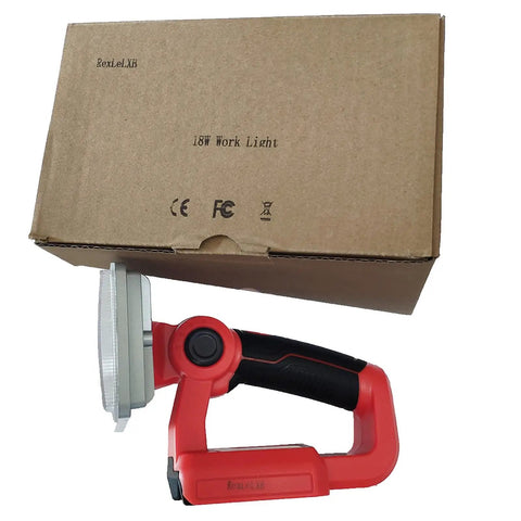 Cordless LED Work Light For 18V Batteries, 18W 2000LM Flood Beam with cardboard box, USB port visible