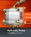 Close-up of hydraulic pump on Gas Powered Firewood Conveyor With 19.7 Inch Wide PVC Belt, 31 Ft Long, orange machinery.