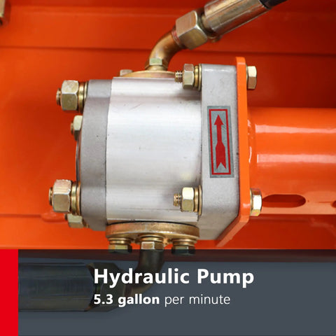 Close-up of hydraulic pump on Gas Powered Firewood Conveyor With 19.7 Inch Wide PVC Belt, 31 Ft Long, orange machinery.