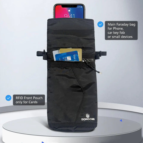 Faraday Bag For Phone And Key Fob With Signal Blocking Pouch Shields GPS WiFi Bluetooth Cellular Signals RFID Travel Privacy Case For Daily Data Protection Black, showing phone and cards in pockets.