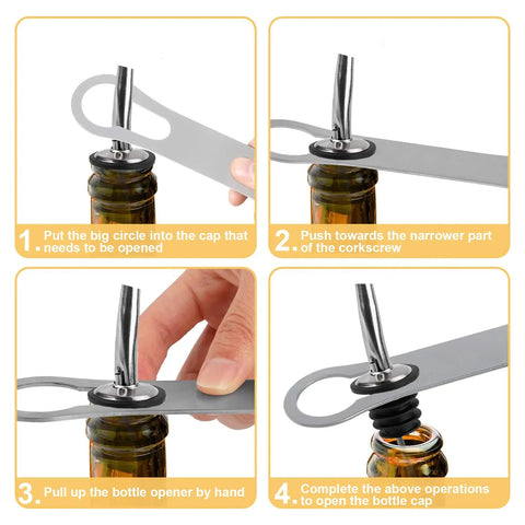 Two Pack V Rod Bottle Opener Set For Bartenders And Home Bar demonstrating cork removal on a bottle.