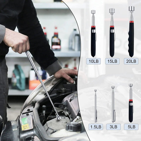 Six Piece Telescoping Magnetic Pickup Tool Set With Extendable Magnetic Sticks in use during automotive repair, showing weight options 1.5 to 20 lb.
