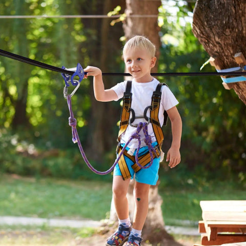 Child using Heavy Duty Zip Line Trolley With Easy Setup For Backyard Fun Smooth Sliding Pulley Brake Stopper Kid Friendly 5 Plus Outdoor Playground Gear For Safe Family Obstacle Courses And Climbing