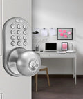 TKK Digital Door Knob Lock with Electronic Keypad Satin Nickel Finish shown on an interior door with office in background