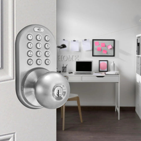 TKK Digital Door Knob Lock with Electronic Keypad Satin Nickel Finish shown on an interior door with office in background