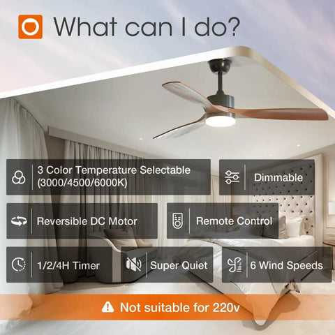 Installed 52 Inch Black Walnut Ceiling Fan With Light And Remote Reversible 3 Wood Blades Six Speeds 3 CCT Dimmable