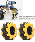 Two 48mm mecanum wheels with yellow housing and black rollers for omnidirectional robot cars