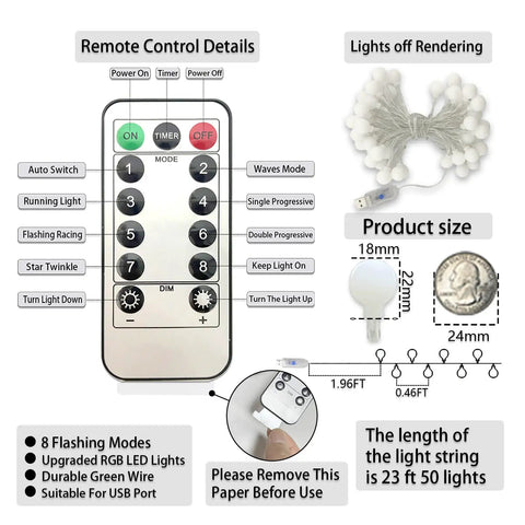 Globe String Lights With 50 LED Warm White USB Powered Remote Control 8 Modes 23 Ft Fairy Lights For Bedroom Balcony Garden Party Christmas Tree Indoor Outdoor IP44 Waterproof
