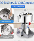 Electric Grain Mill 2600W High Speed Grinder for Home Use 36000 RPM, showing stainless steel design and cleaning instructions.