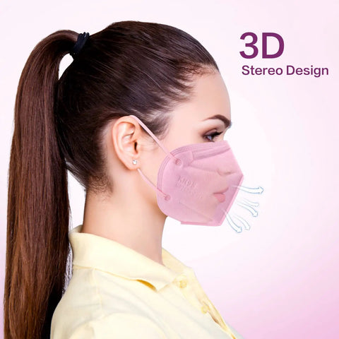 Person wearing pink KN95 Face Masks 50 Pack, 5 Layer Disposable Respirator, Multi Color Set In Grey Pink Blue Red Purple For Outdoor Use