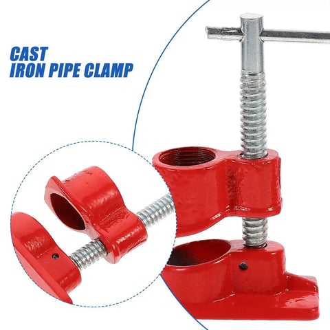 Close-up of red Three Quarter Inch Pipe Clamp with Quick Release Cast Iron Construction for Woodworking and Carpentry