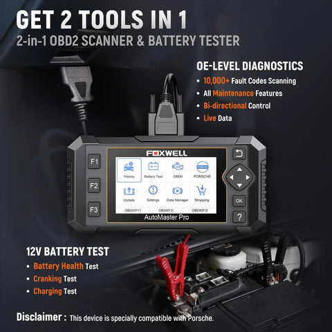 NT510 Pro OBD2 Scanner For Porsche Two In One Diagnostic Tool And 12 Volt Battery Tester shown on car battery