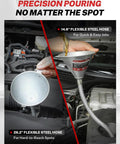 Spill Free Oil Change Kit With Steel Funnel, 14.6 Inch and 26.2 Inch Hoses, shown in engine with hands using funnel