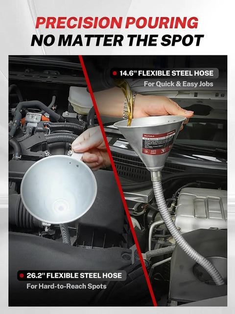 Spill Free Oil Change Kit With Steel Funnel, 14.6 Inch and 26.2 Inch Hoses, shown in engine with hands using funnel
