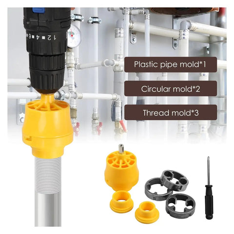 Heavy Duty PVC Thread Maker Kit With Electric Drill Adapter Includes Three Interchangeable Replacement Dies for Plumbing with molds and tool.