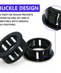 Close-up of 305 Piece Black Nylon Cable Snap Grommets Set with round locking bushing design, showing detailed buckle features.