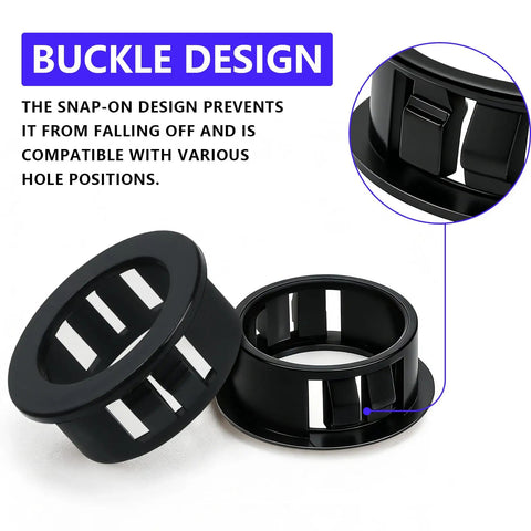 Close-up of black nylon snap-in grommets showing buckle design, part of Twenty Pack One And A Quarter Inch Nylon Cable Grommets Kit.