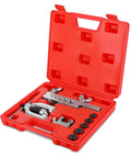 Open red case displaying Flexzion brake line flaring tool kit with tubing cutter, flare bar, dies and five adapters.