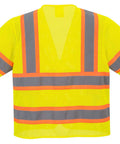 Heavy Duty Sleeved High Visibility Safety Vest With Silver Reflective Tabs And Cool Breeze Mesh Fabric visible from the back with bright yellow and reflective stripes.