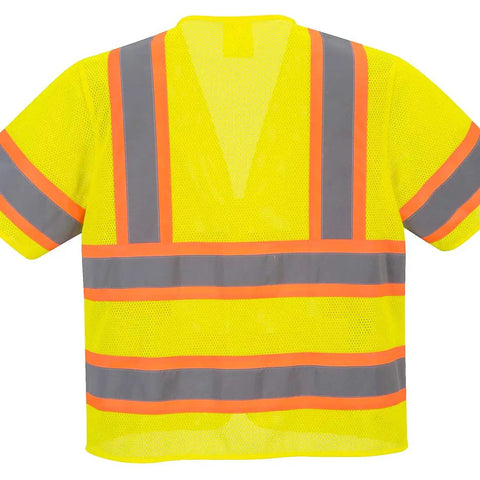 Heavy Duty Sleeved High Visibility Safety Vest With Silver Reflective Tabs And Cool Breeze Mesh Fabric visible from the back with bright yellow and reflective stripes.