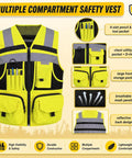 Top Shelf Hi Vis Safety Vest Equipped With Authentic 3M Reflective Strips For Road Crews And Night Shift Grinds Breathable Knitted Construction Garment Packing Ten Utility Pockets For Serious Work Ready Performance in bright yellow with multiple pockets.