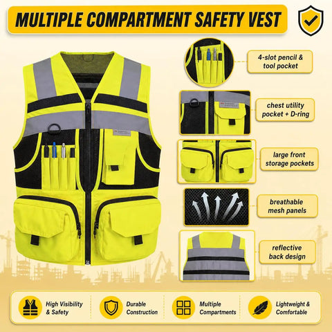 Top Shelf Hi Vis Safety Vest Equipped With Authentic 3M Reflective Strips For Road Crews And Night Shift Grinds Breathable Knitted Construction Garment Packing Ten Utility Pockets For Serious Work Ready Performance in bright yellow with multiple pockets.
