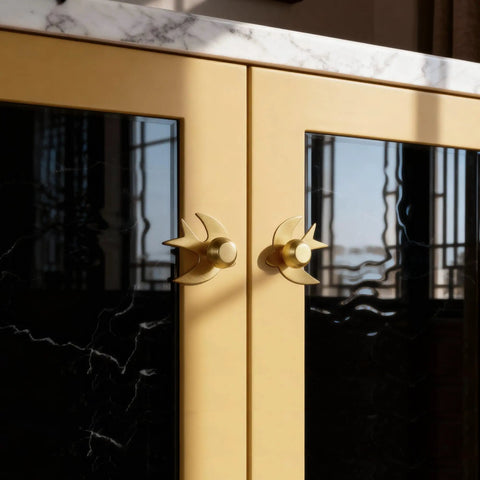 Solid Brass Gold Cabinet Knobs 4 Pack With Swallow Backplates, modern dresser handles on black cabinet doors, brushed brass finish