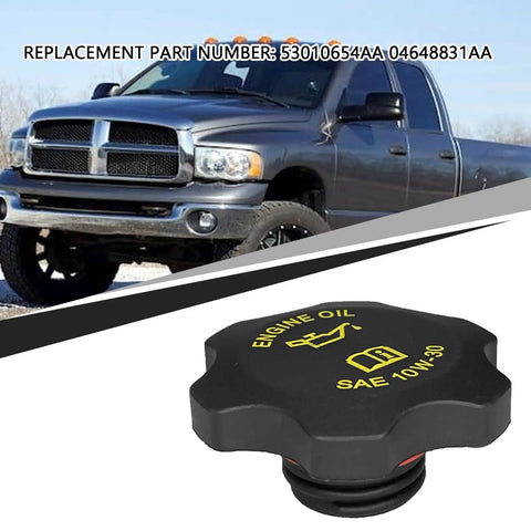 Engine Oil Filler Cap Replacement Compatible With Jeep Wrangler Cherokee Grand Cherokee Dodge Ram 1500 2500 3500 Dakota Durango Caravan Neon Chrysler Concorde PT Cruiser OEM 53010654AA 04648831AA, in front of a Dodge Ram truck.
